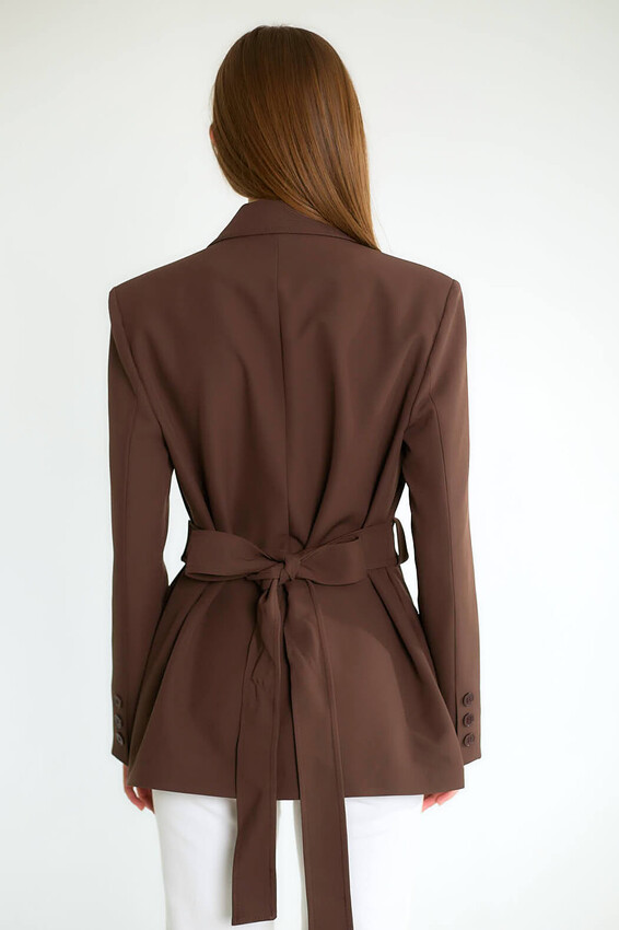 Kuşaklı Omuz Vatkalı Kruvaze Blazer - Açık Kahve - 3