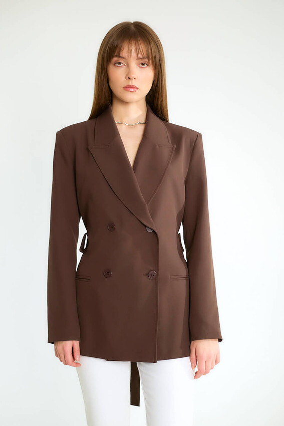 Kuşaklı Omuz Vatkalı Kruvaze Blazer - Açık Kahve - 2