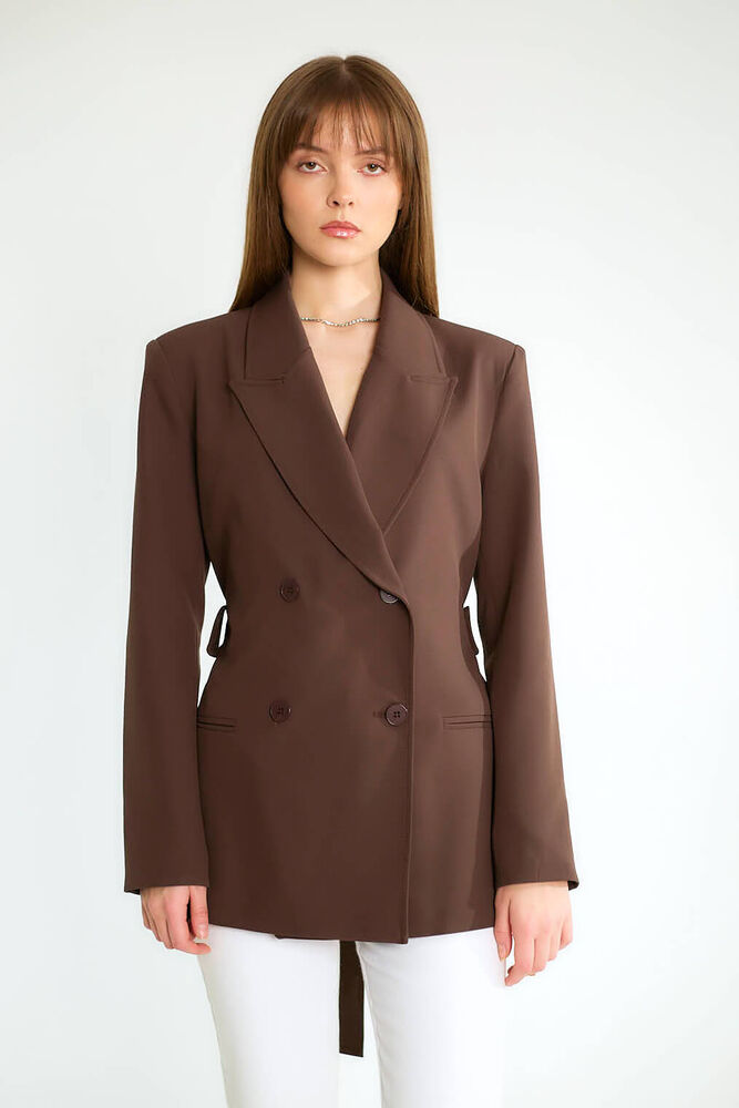 Kuşaklı Omuz Vatkalı Kruvaze Blazer - Açık Kahve - 2