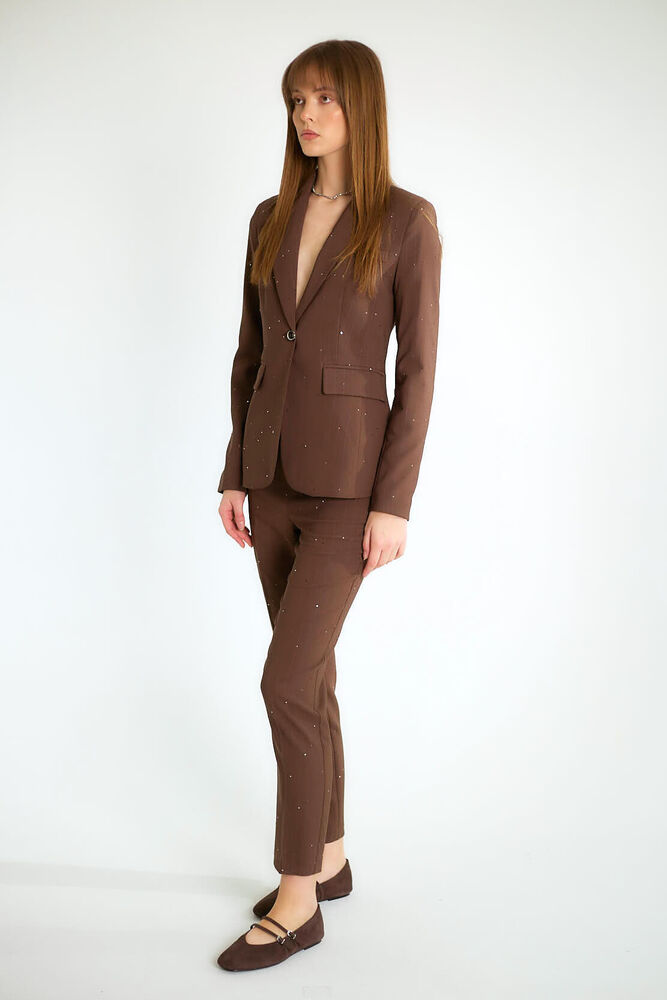 Taş İşlemeli Tek Düğmeli Blazer Ceketli Dar Paça Pantolonlu Takım - Açık Kahve - 2