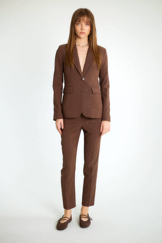 Taş İşlemeli Tek Düğmeli Blazer Ceketli Dar Paça Pantolonlu Takım - Açık Kahve - 3