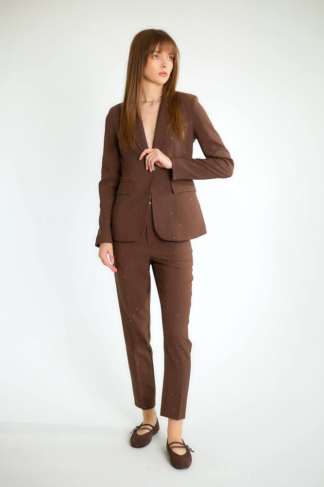 Taş İşlemeli Tek Düğmeli Blazer Ceketli Dar Paça Pantolonlu Takım - Açık Kahve - 4