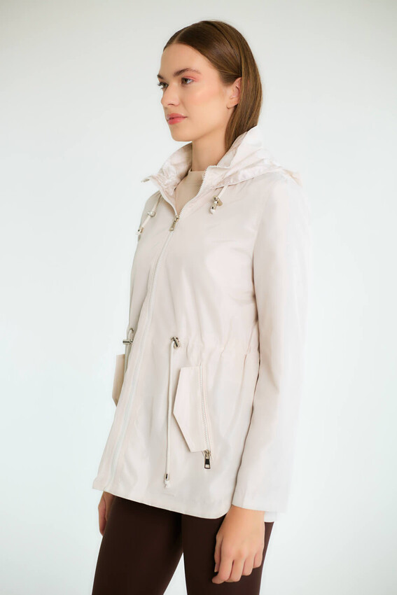 Kapüşonlu Fermuarlı Büzgülü Parka - Açık Taş - 3