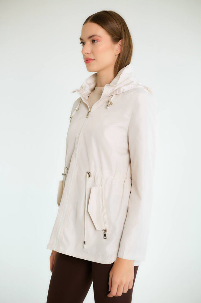 Kapüşonlu Fermuarlı Büzgülü Parka - Açık Taş - 3