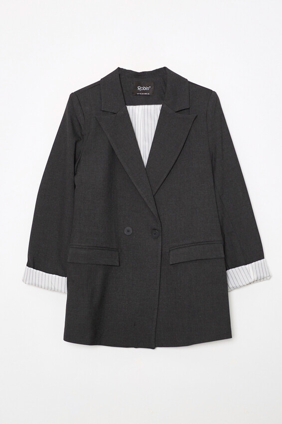 Manşeti Çizgili Oversize Blazer - Antrasit