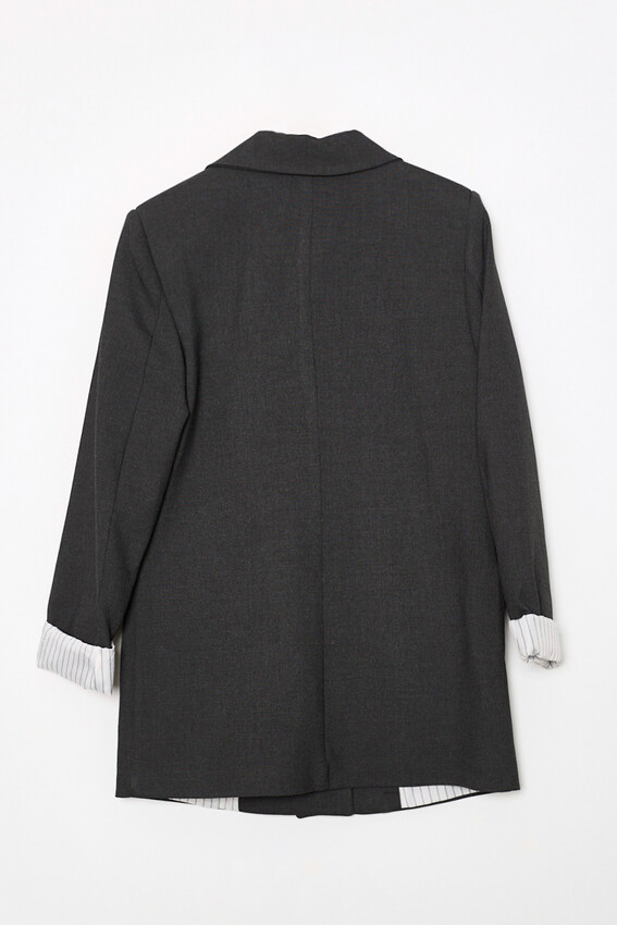 Manşeti Çizgili Oversize Blazer - Antrasit - 2