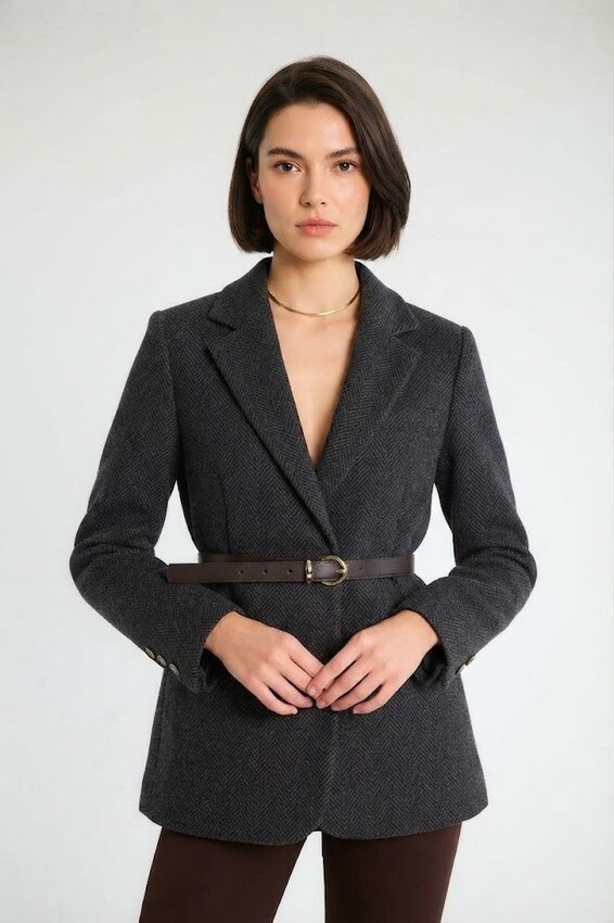 Kemerli Tek Düğmeli Blazer - Antrasit