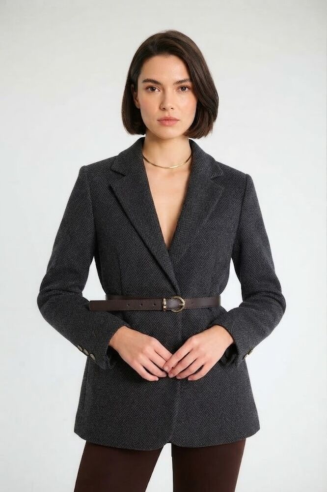 Kemerli Tek Düğmeli Blazer - Antrasit - 1