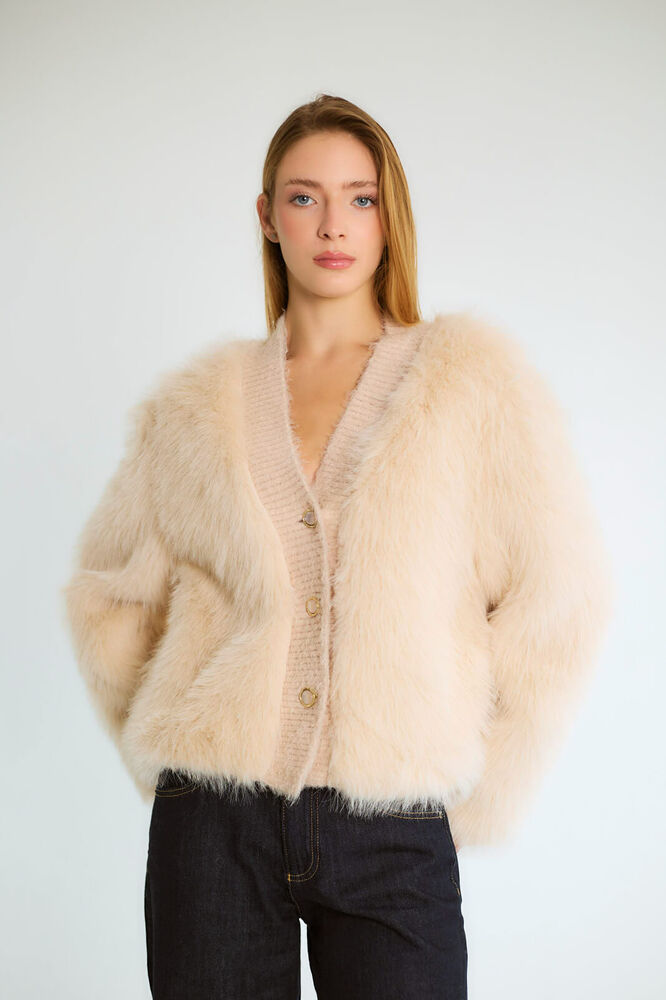 Kürk Dokulu V Yaka Düğmeli Kısa Mont - Bej - 4