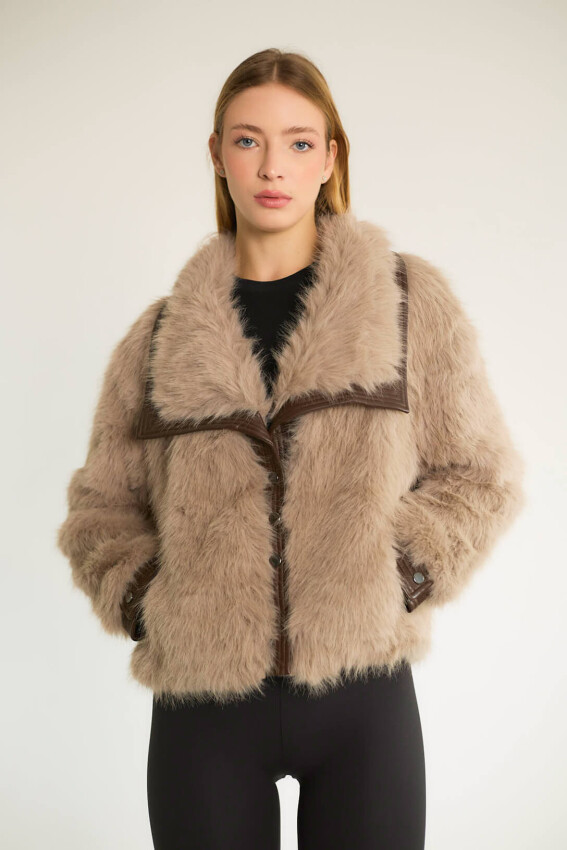  DERİ DETAYLI PELUŞ MONT - BEJ - 3