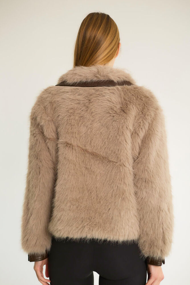 DERİ DETAYLI PELUŞ MONT - BEJ - 5