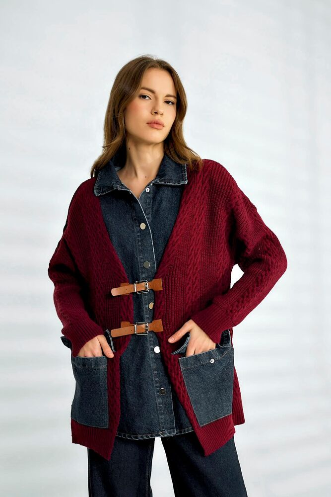 Denim Detaylı Tokalı Topuz Örgülü Örgü Hırka - Bordo - 1