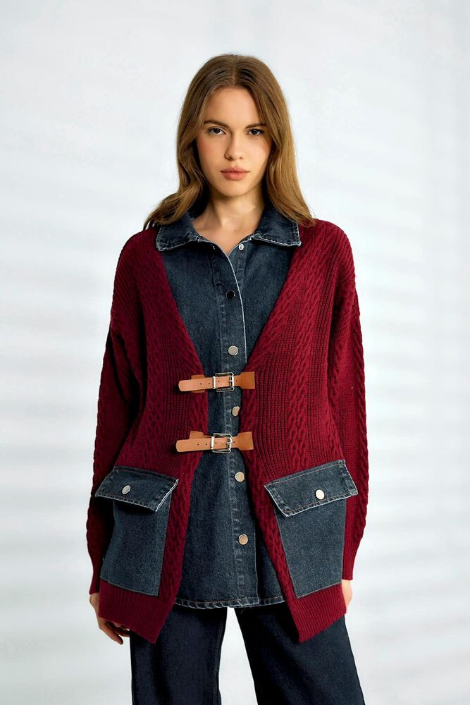 Denim Detaylı Tokalı Topuz Örgülü Örgü Hırka - Bordo - 2