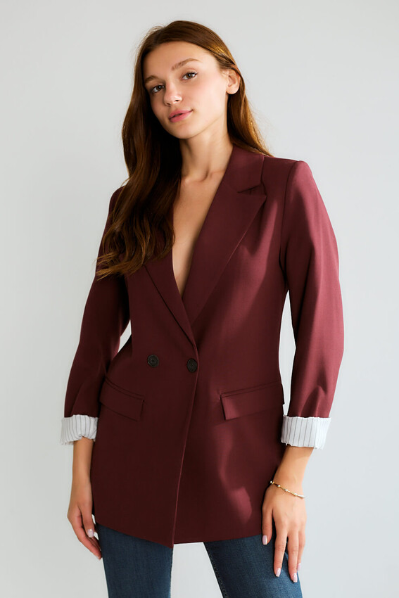 Manşeti Çizgili Oversize Blazer - Bordo