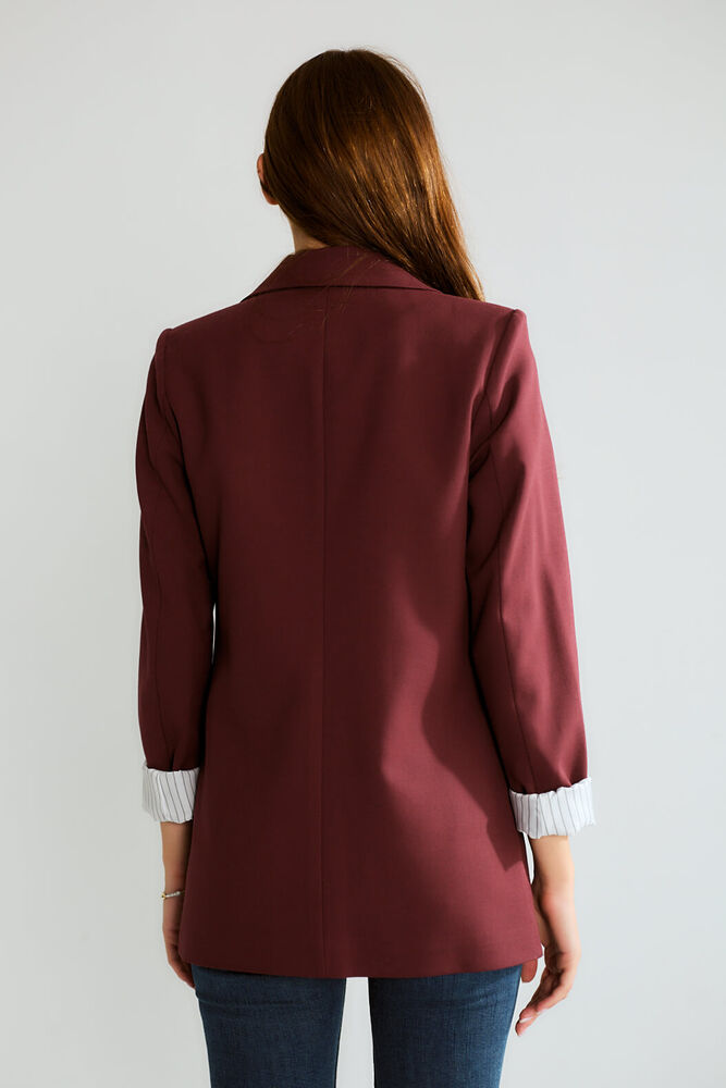 Manşeti Çizgili Oversize Blazer - Bordo - 4