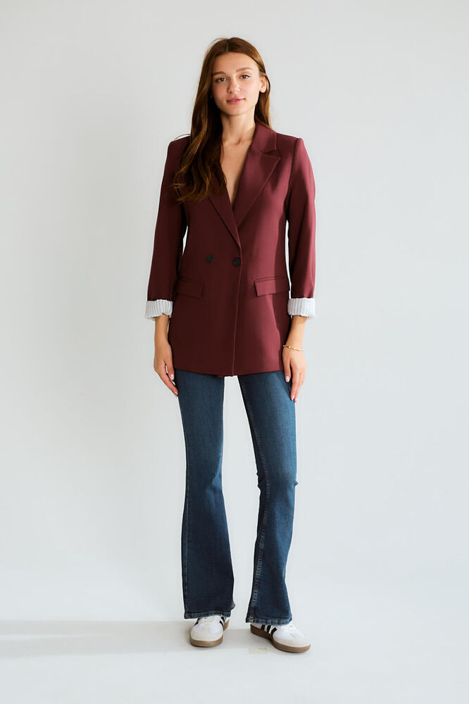 Manşeti Çizgili Oversize Blazer - Bordo - 2