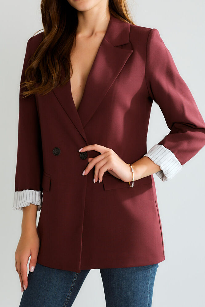 Manşeti Çizgili Oversize Blazer - Bordo - 3