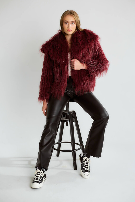 Kürk Dokulu Geniş Yakalı Kısa Mont - Bordo - 3
