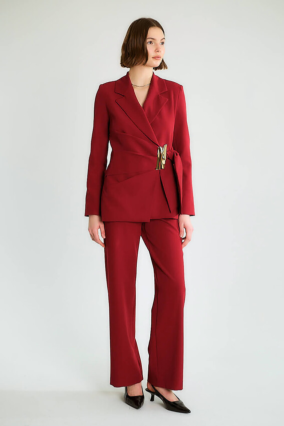 Tokalı Kruvaze Blazer Ceketli Pantolonlu Takım - Bordo - 2