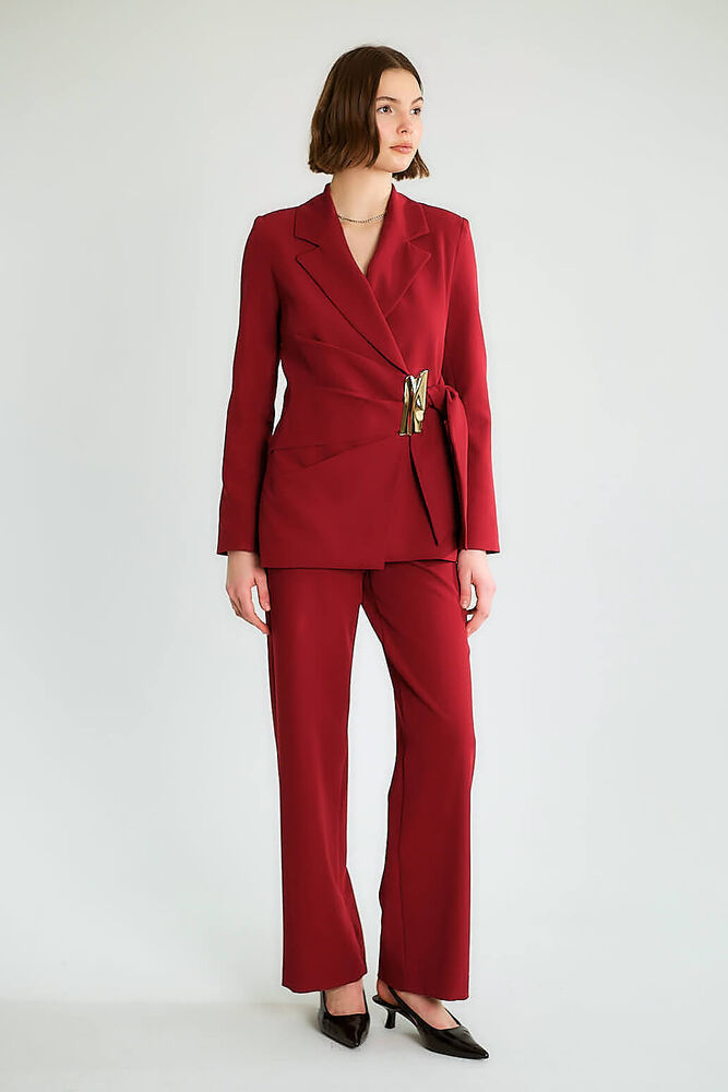 Tokalı Kruvaze Blazer Ceketli Pantolonlu Takım - Bordo - 2