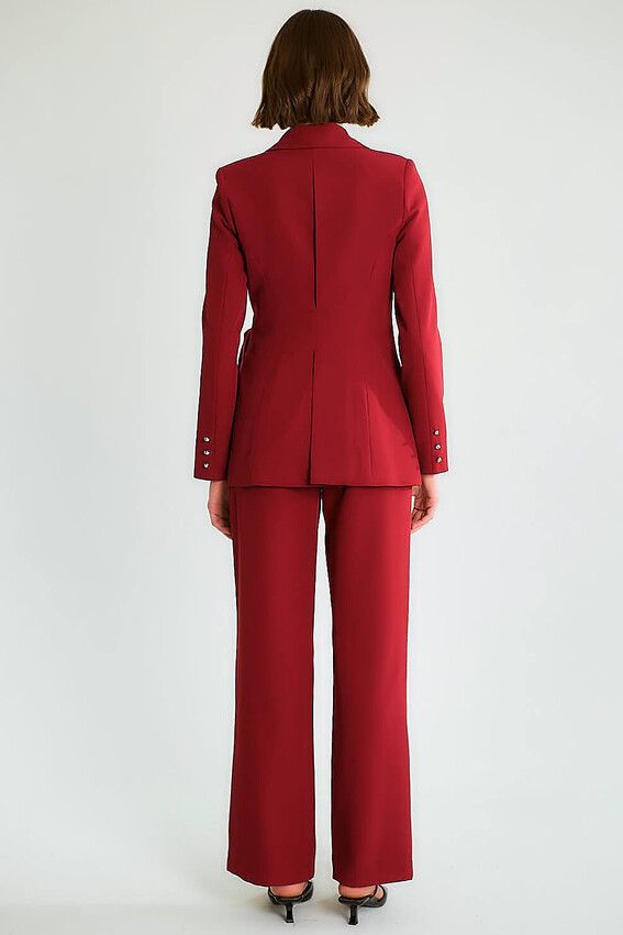 Tokalı Kruvaze Blazer Ceketli Pantolonlu Takım - Bordo - 3