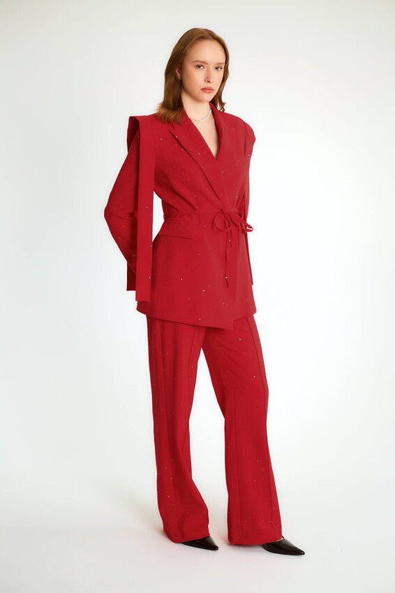 Taş İşlemeli Kuşaklı Blazer Ceketli Pantolonlu Takım - Bordo