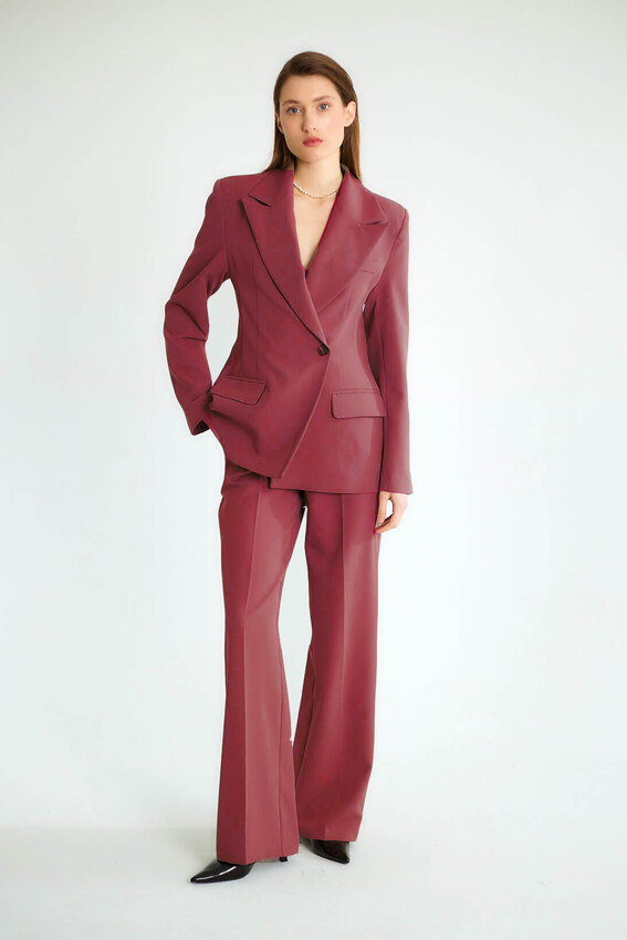 Kruvaze Blazer Ceketli Pantolonlu Takım - Bordo
