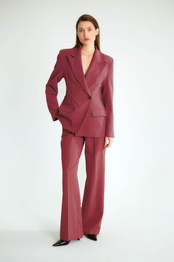 Kruvaze Blazer Ceketli Pantolonlu Takım - Bordo - 1