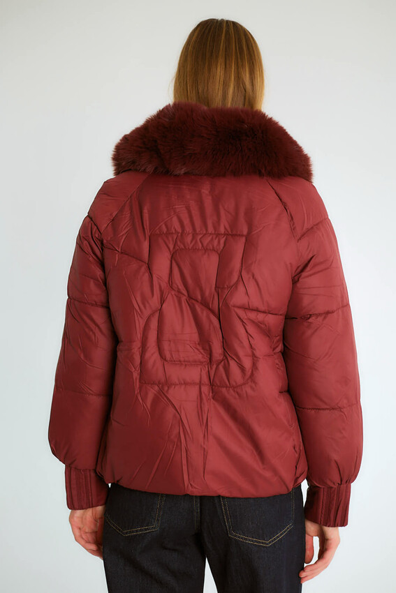 Kürk Yakalı Kuşaklı Şişme Kısa Mont - Bordo - 5