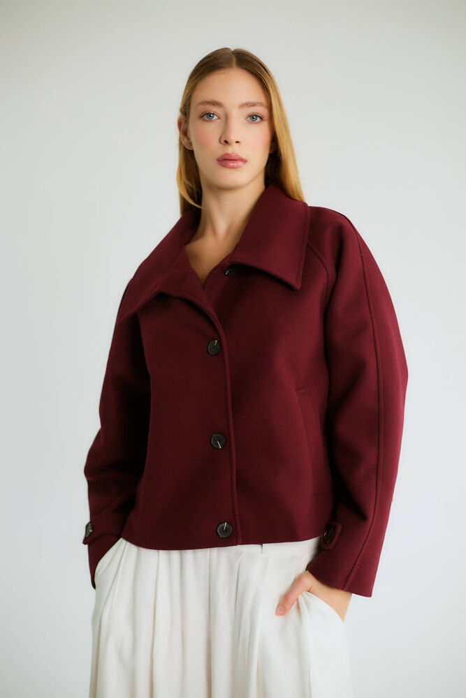 Dik Yaka Düğmeli Kısa Kaban - Bordo - 2