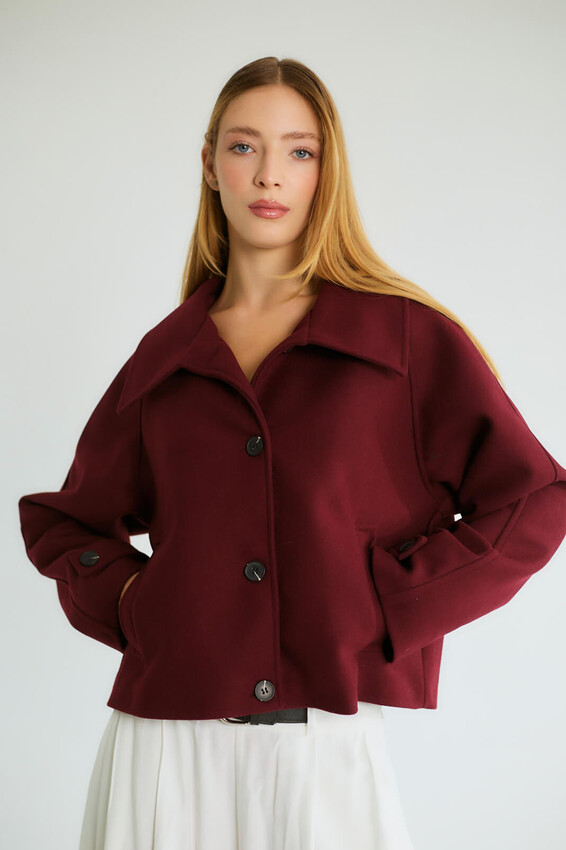 Dik Yaka Düğmeli Kısa Kaban - Bordo - 3