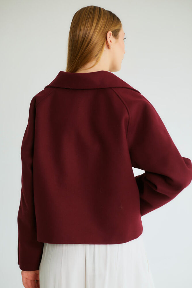 Dik Yaka Düğmeli Kısa Kaban - Bordo - 4