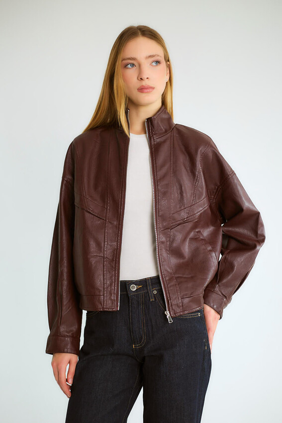 Dik Yaka Fermuarlı Bomber - Bordo - 2
