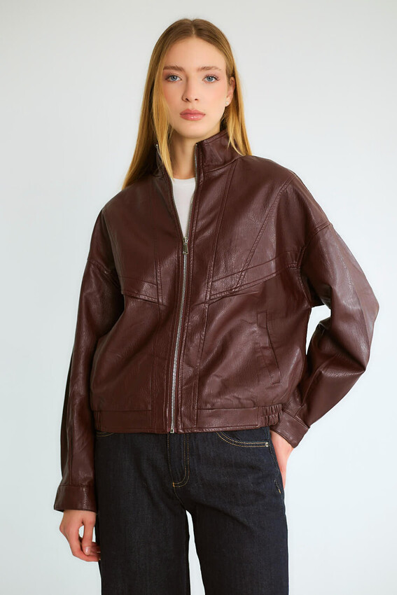 Dik Yaka Fermuarlı Bomber - Bordo - 3