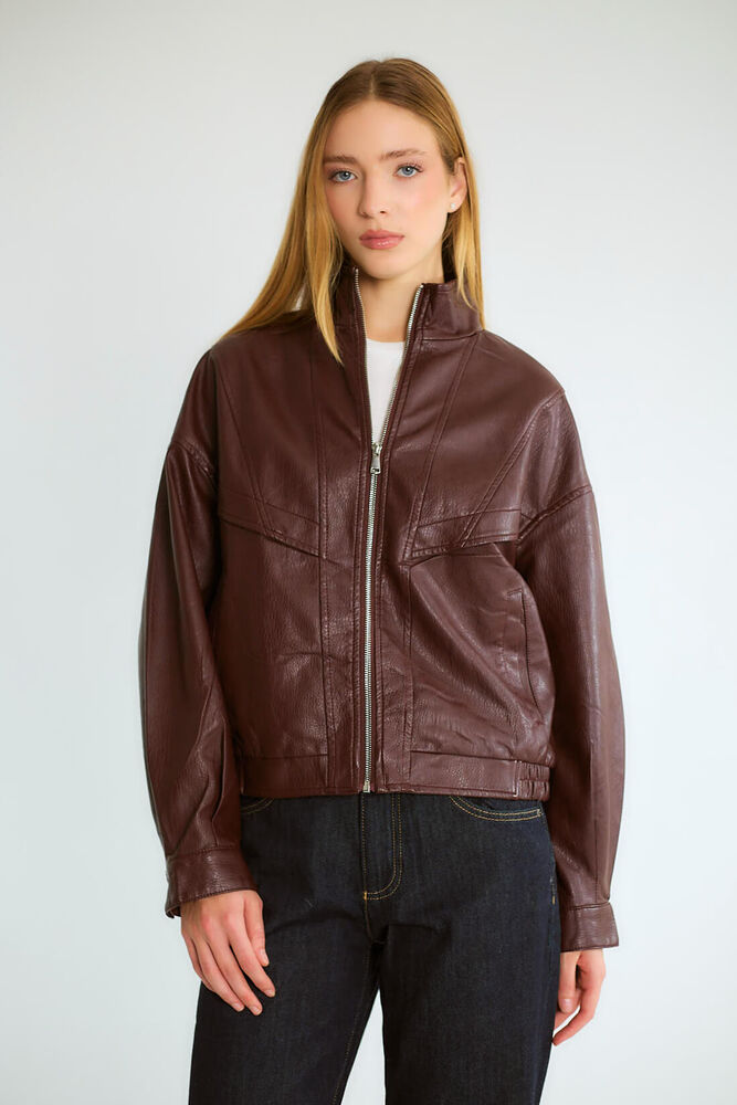 Dik Yaka Fermuarlı Bomber - Bordo - 4