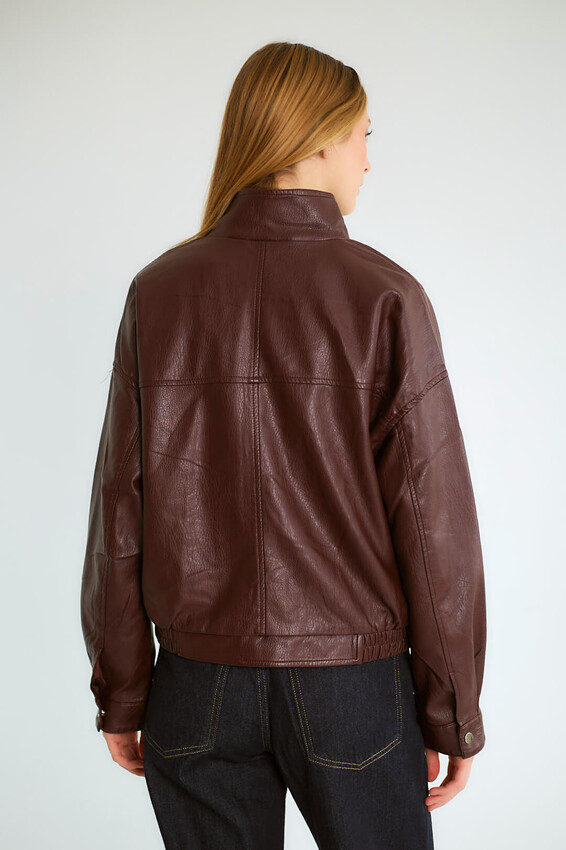 Dik Yaka Fermuarlı Bomber - Bordo - 6