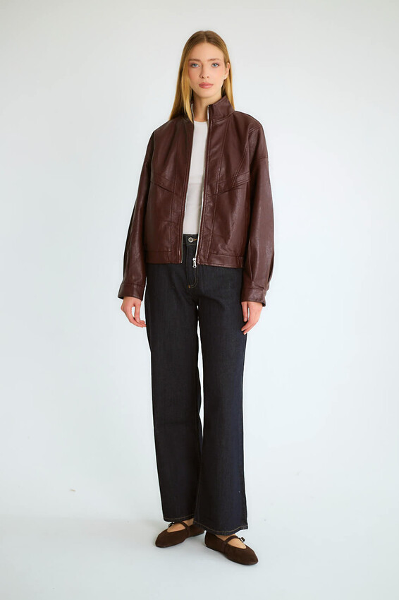 Dik Yaka Fermuarlı Bomber - Bordo - 5