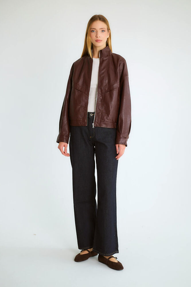 Dik Yaka Fermuarlı Bomber - Bordo - 5