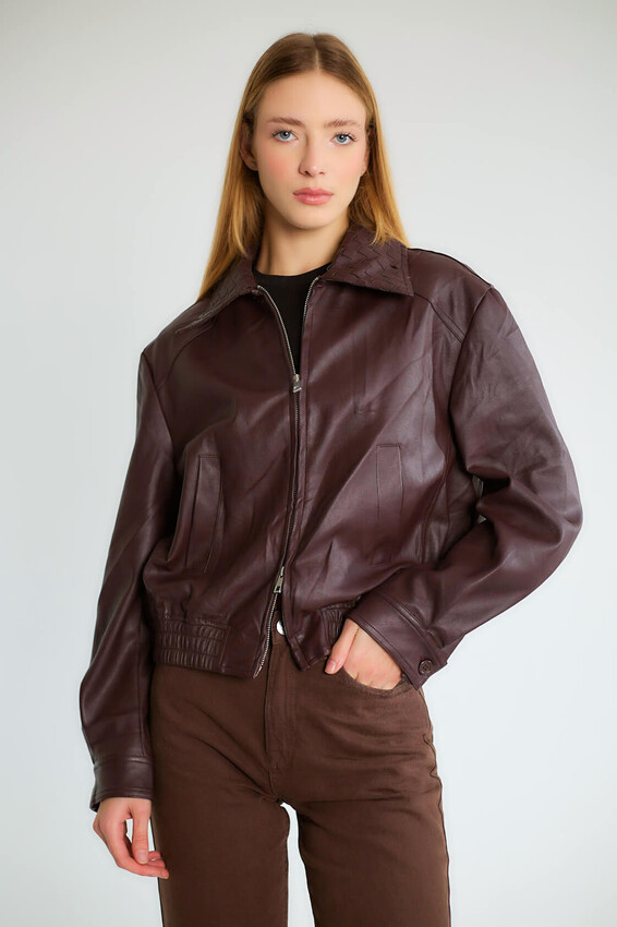 Yakalı Fermuarlı Lastikli Bomber - Bordo