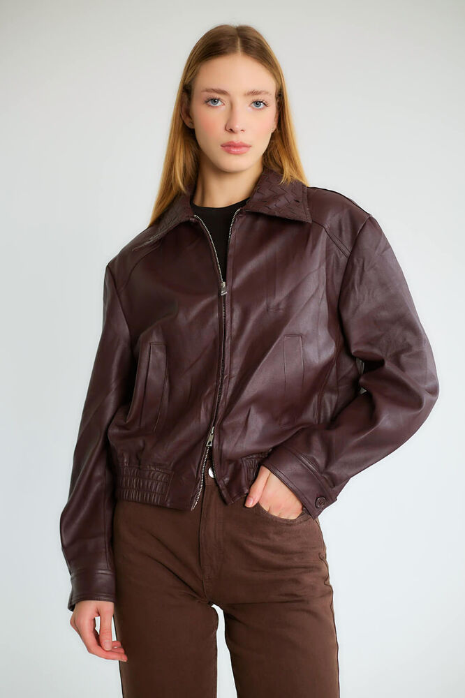 Yakalı Fermuarlı Lastikli Bomber - Bordo - 1