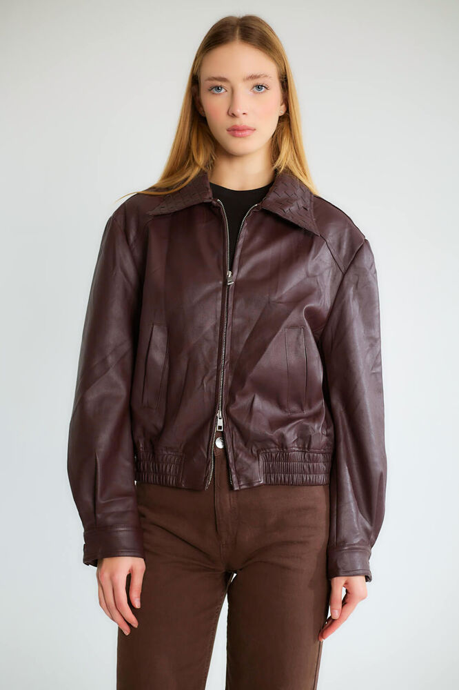 Yakalı Fermuarlı Lastikli Bomber - Bordo - 2