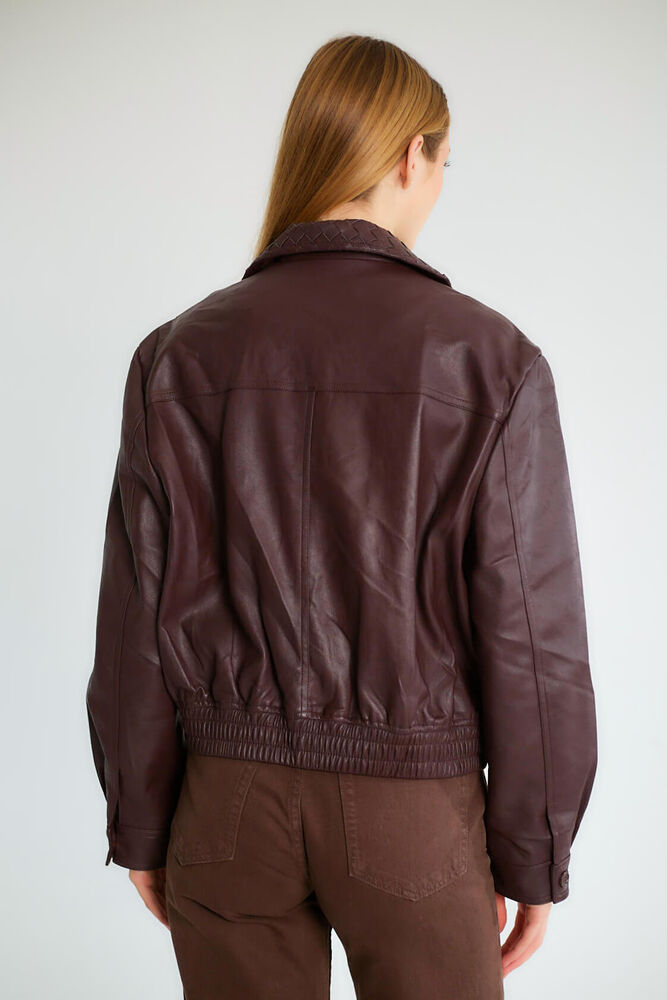 Yakalı Fermuarlı Lastikli Bomber - Bordo - 5