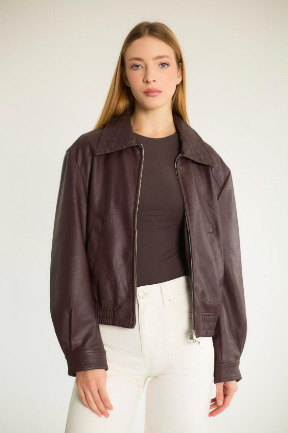 Yakalı Fermuarlı Lastikli Bomber - Bordo - 3