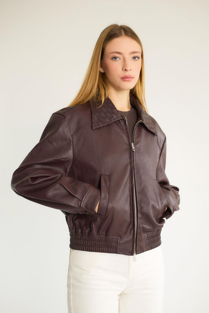 Yakalı Fermuarlı Lastikli Bomber - Bordo - 4