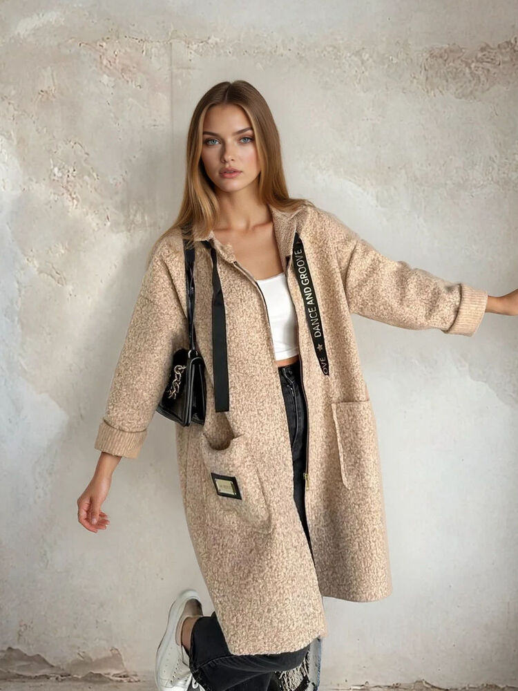 Kapüşonlu Uzun Mont Yazılı Şerit Mont - Camel - 1