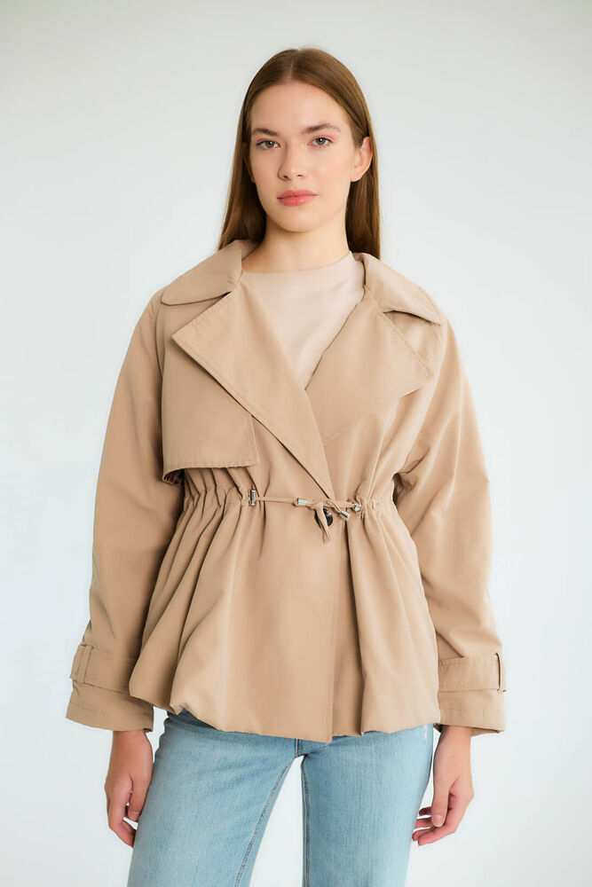 Kruvaze Cepli Kısa Trençkot Tipi - Camel - 2