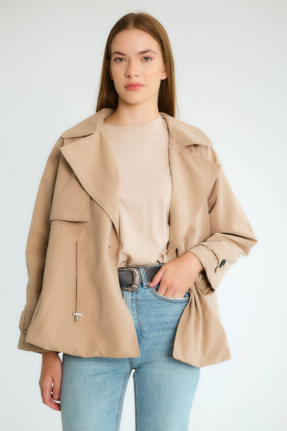 Kruvaze Cepli Kısa Trençkot Tipi - Camel