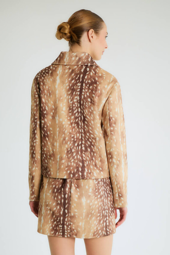 Geyik Desenli Fermuarlı Kısa Ceket - Camel - 3