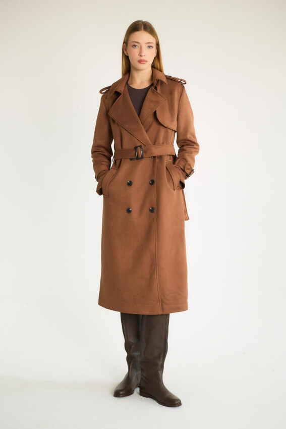 KUŞAKLI CEPLİ UZUN KABAN - CAMEL - 4