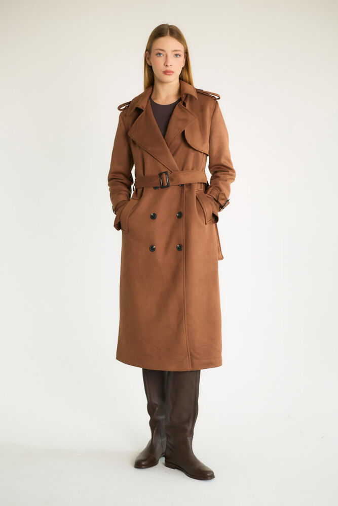 KUŞAKLI CEPLİ UZUN KABAN - CAMEL - 4